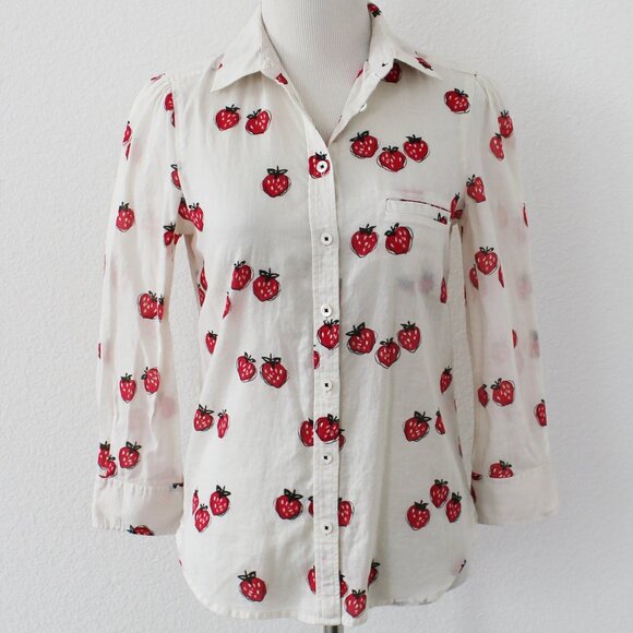 Anthropologie HD in Paris Hanalei Strawberry Print Button Down Blouse Shirt, 00 - Picture 1 of 12